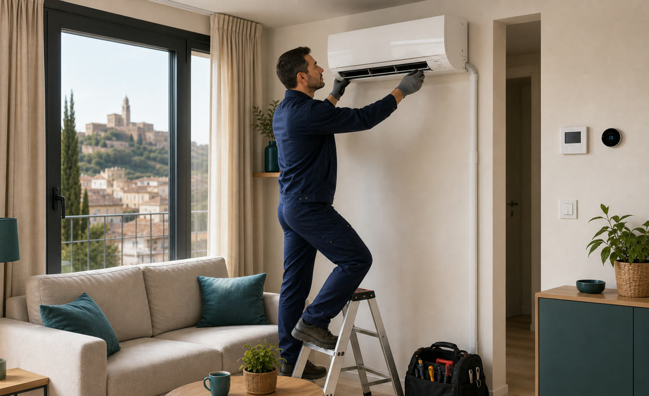 Técnico instalando un aire acondicionado split en un piso de Manresa