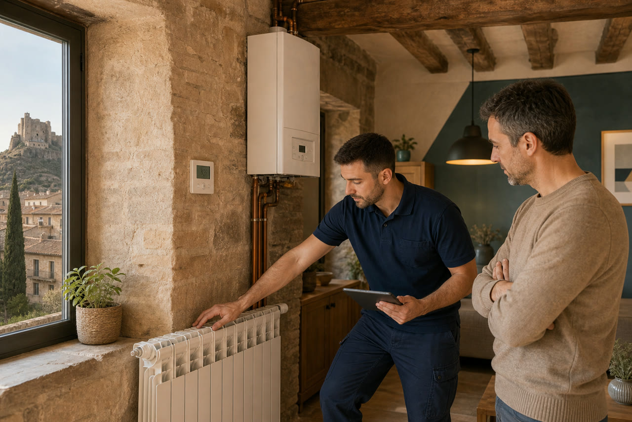 Técnico revisando una reforma de climatización eficiente en una vivienda de Artés