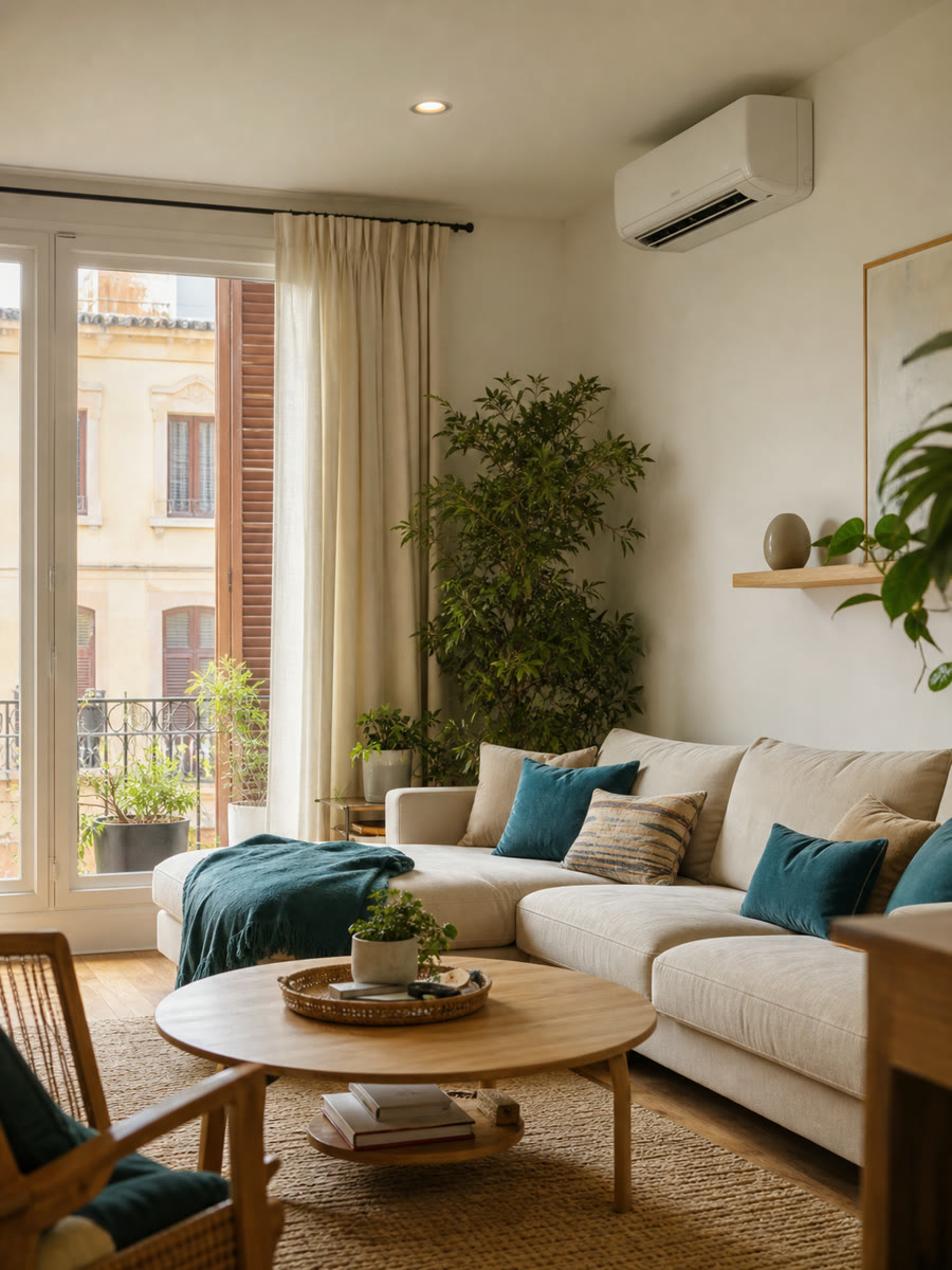 Vivienda confortable con climatización eficiente y control de temperatura para la guía: Termostato inteligente y zonificación para ahorrar