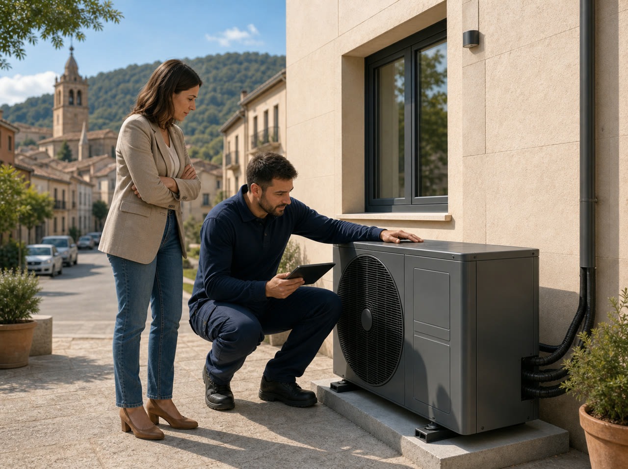 Técnico revisando un equipo de climatización en una vivienda de Navarcles