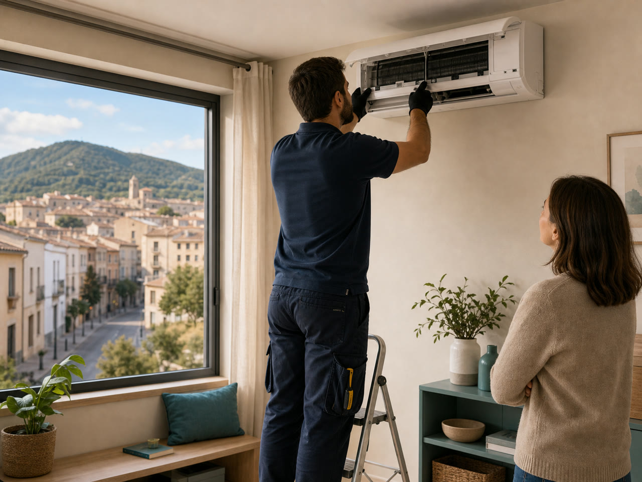 Técnico instalando aire acondicionado en una vivienda de Sant Joan de Vilatorrada